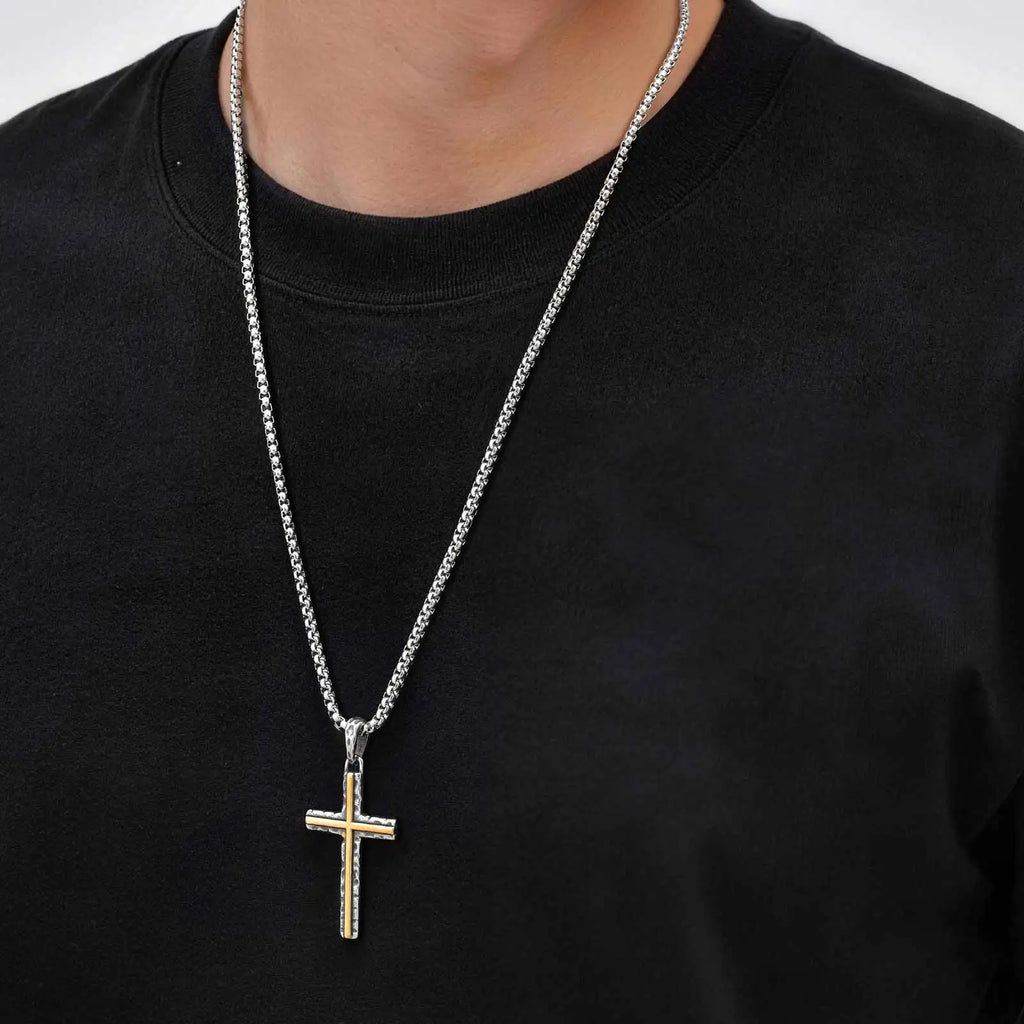 Hammer Pattern Cross Necklace for Men,Retro Grey Stainless Steel Cross Pendant Necklace, Stylish Jewelry Gift for Him Dad
