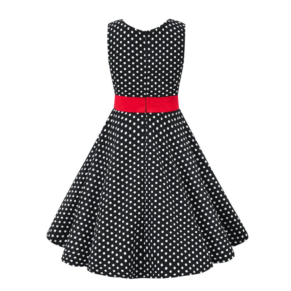 LPATTERN Girls' Vintage Rockabilly Dress Party Retro Polka Dot Floral Pattern A-line Dresses Pleated Skirt Knee-Length for 4-10Y
