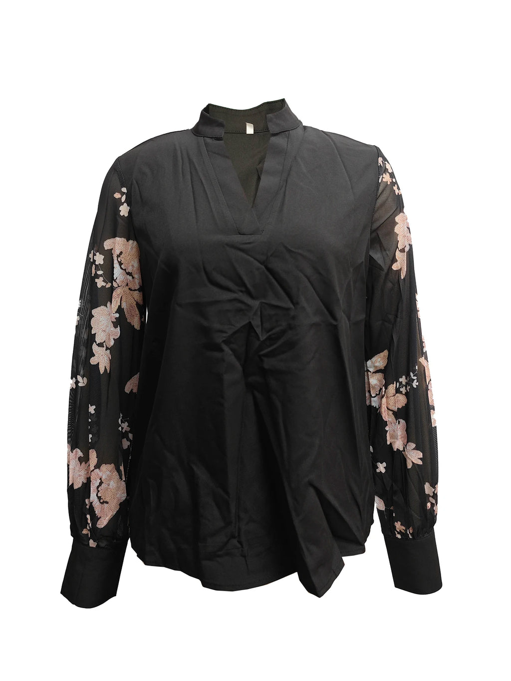 Women's V Neck Blouse with Sheer Floral Lace Long Sleeves and Solid Body for Elegant Office or Evening Wear