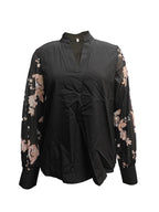 Women's V Neck Blouse with Sheer Floral Lace Long Sleeves and Solid Body for Elegant Office or Evening Wear