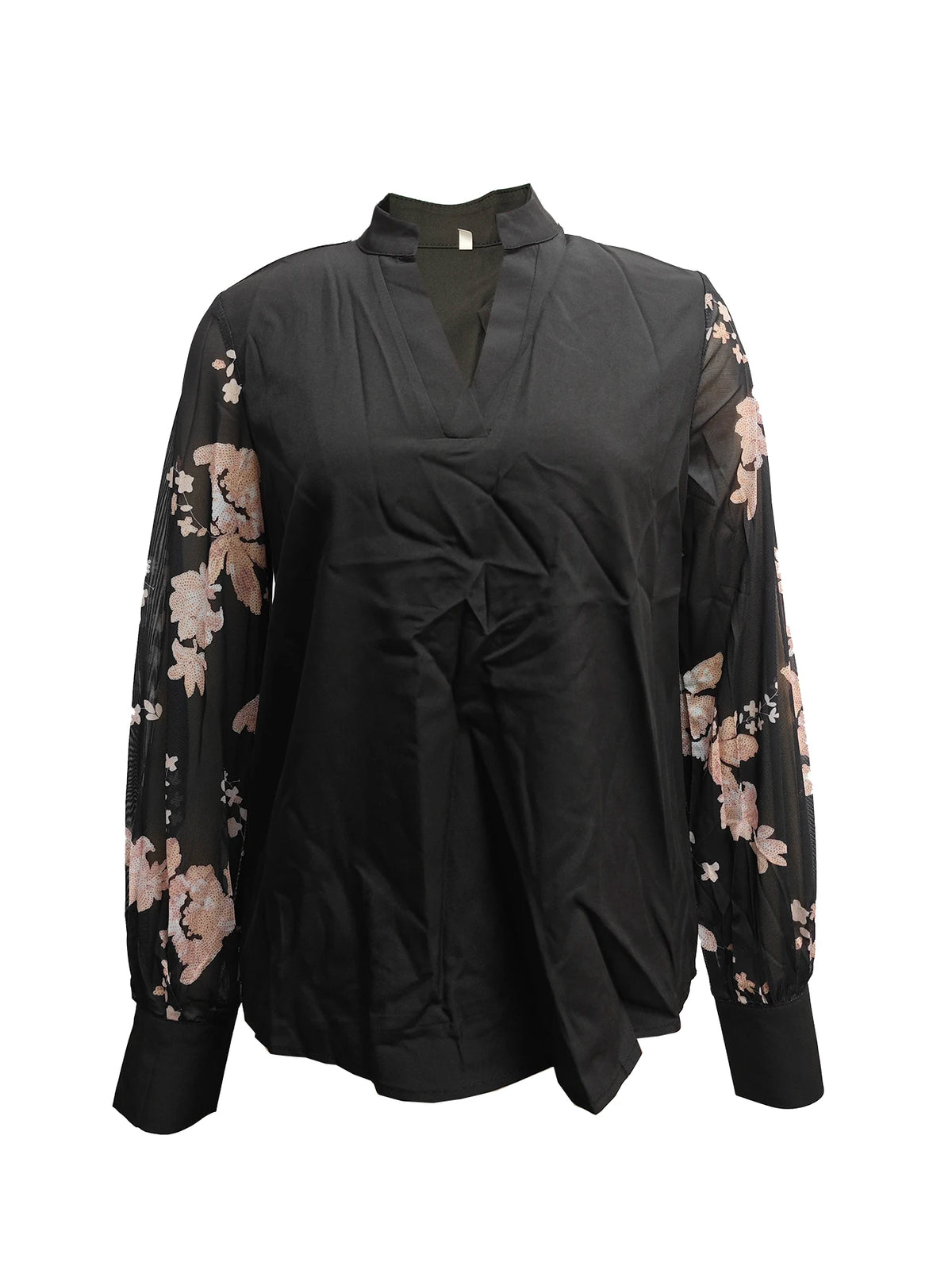 Women's V Neck Blouse with Sheer Floral Lace Long Sleeves and Solid Body for Elegant Office or Evening Wear
