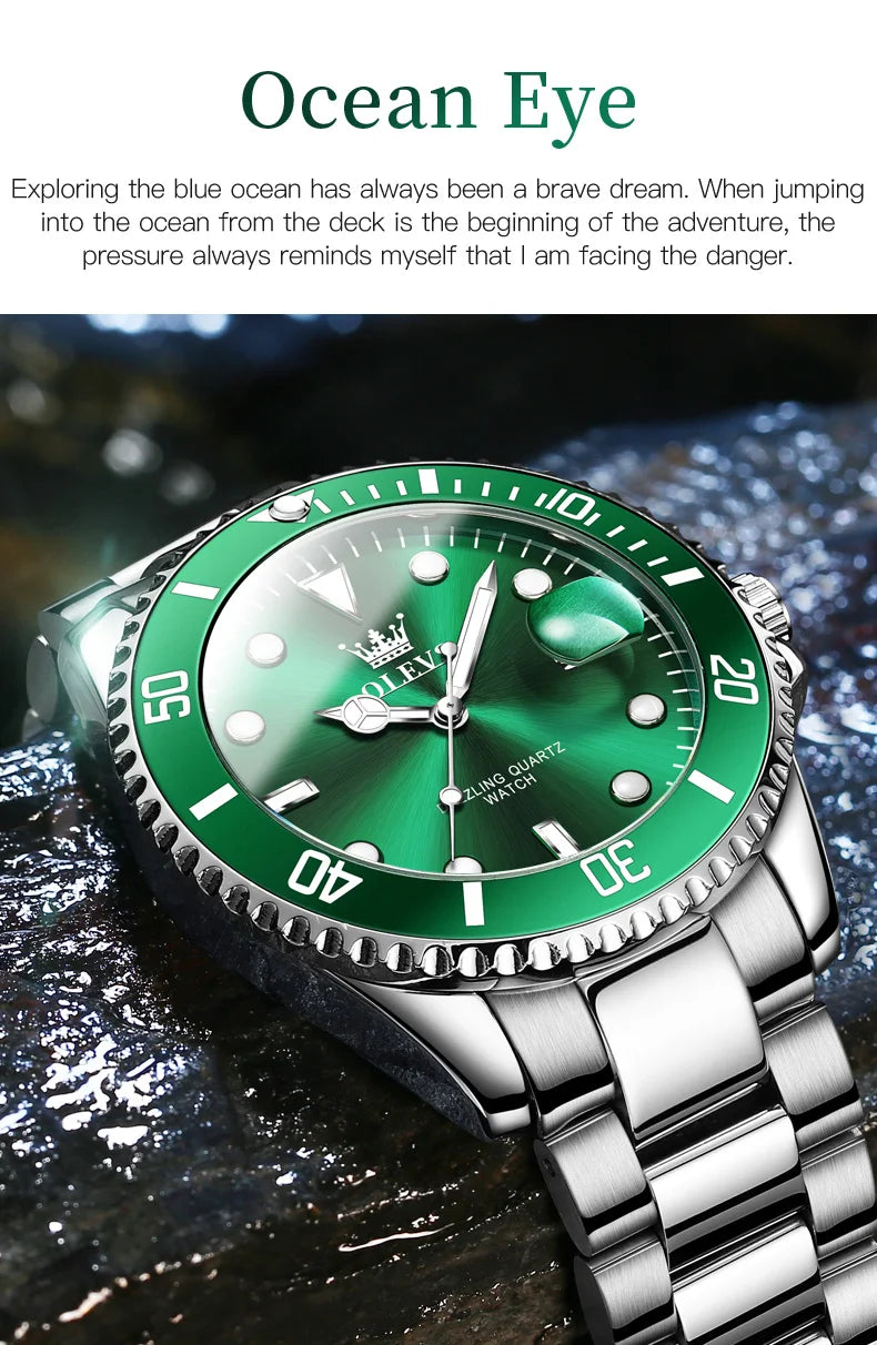 OLEVS 5885 Mens Watch Auto Date Stainless Steel Strap Diving Series Waterproof Men's Sports Watch