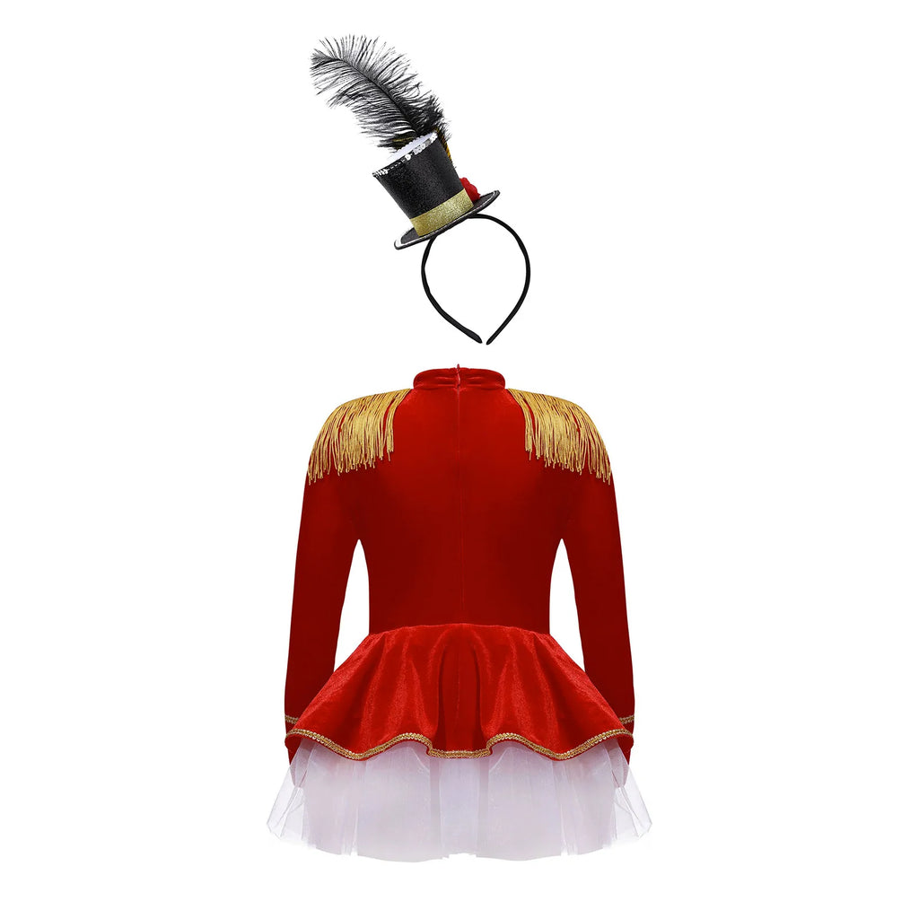 Girls Ringmaster Circus Costume Set Zipper Tutu Leotard Gown Dress with Hat for Halloween Carnival Cosplay Party Performance