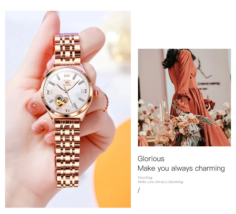 2026 New OLEVS Rose Gold Steel Women's Watches Luxury Brands Automatic Mechanical Watch For Women Fashion reloj para mujer