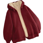 Thickened Lamb Velvet Hooded Cardigan Pure Color Oversize Sweatshirt Men Women Korean Style Winter Warm Casual Outerwear
