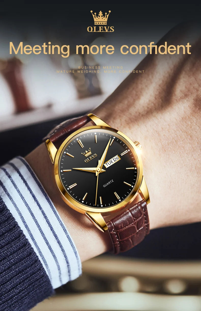 OLEVS 6898 Luxury Waterproof Quartz Watch for Men Sports Shock-resistant Calendar Genuine Leather Luminous Mens Wristwatches