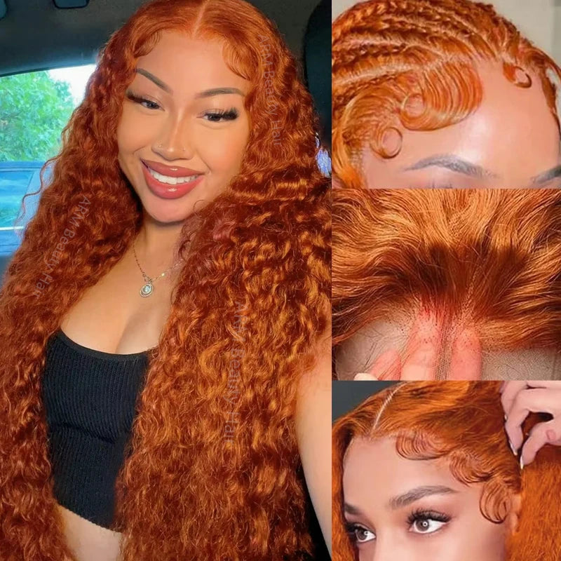 Water Wave Ginger Orange Lace Front Wigs Human Hair 350 Colored Human Hair Wet Wavy Wig for Women Deep Curly Wigs with Baby Hair