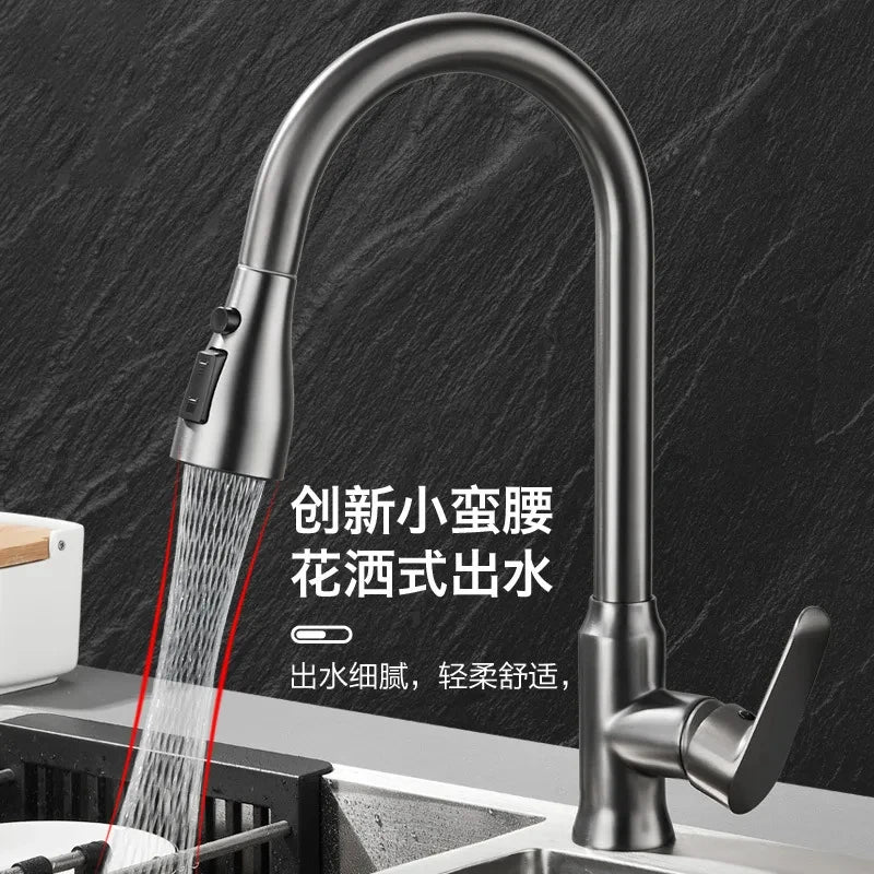Kitchen Faucet Pull-Out Spray Head 360 Degree Rotation Hot and Cold Water Pull-Out Black and Silver Single Hole Kitchen Faucet