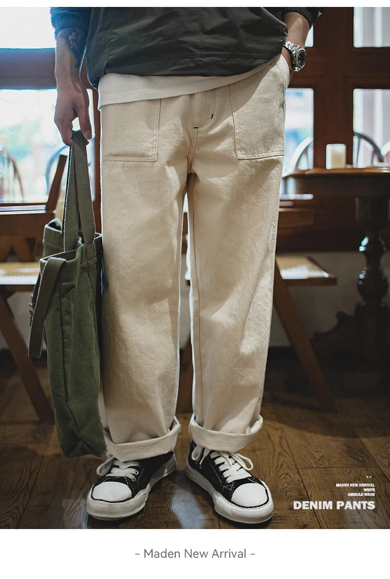 Maden Vintage 11.2oz White Cottonseed Hull Jeans Casual Loose Fit Straight Trousers for Men's Spring and Fall Chino Cargo Pants
