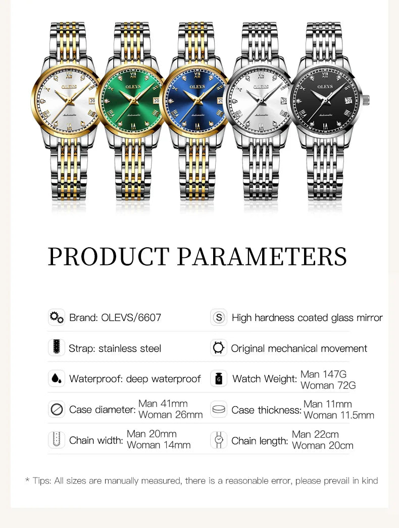 OLEVS 6607+6602 Original Men Women Watch Luxury Brand Tourbillon Mechanical Watch High end Romantic Lover Date Gift Couple Watch