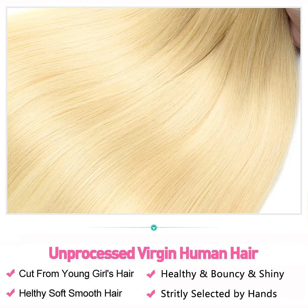 613 Straight Human Hair Bundles 12A Unprocessed 16 18 20 Inch Blonde Human Hair Straight Weave Bundles Deal 613 Straight Double Strong Weft Extension 613 Human Hair 1/3/4 Bundles for Black Women