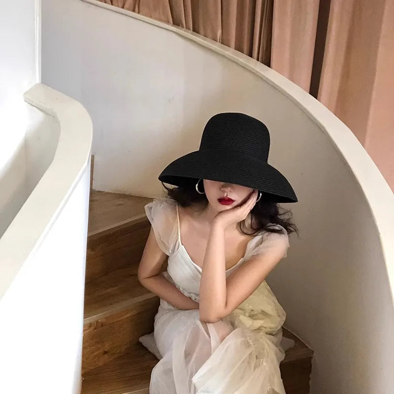 Summer Elegant Dome Straw Hats Women Girl 13cm/8.5cm 2 Sizes Solid Color Beach Sun Hat Foldable Portable Travel Holiday Panama