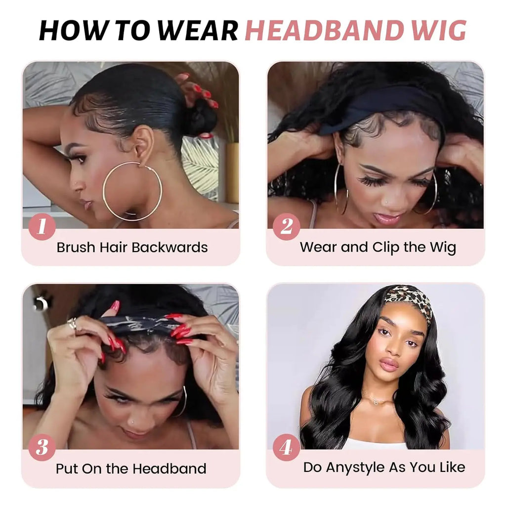 200% Density 20 Inch Body Wave Headband Wig Human Hair for Black Women None Lace Front Wigs Wear And Go Machine Made Headband