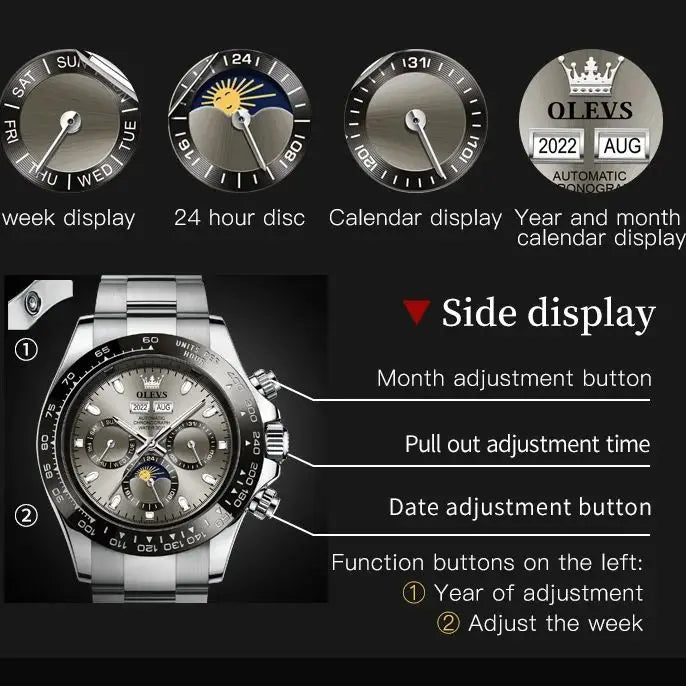 OLEVS 6654 Luxury Men's Automatic Mechanical Watch Original Stainless Steel Waterproof Moon Phase Chronograph Brand Men Watch