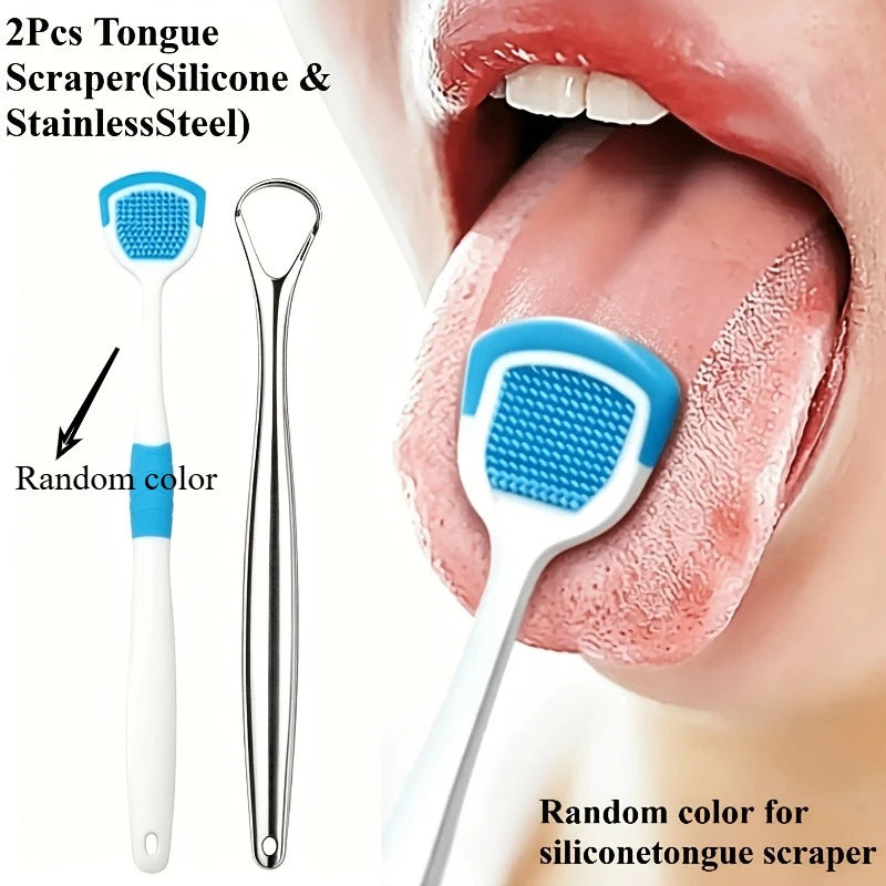 2PCS Tongue Brush and Tongue Scraper Combination - Respiratory Control Oral Cleaning Tool, Keeping Breath Fresh, Random Color