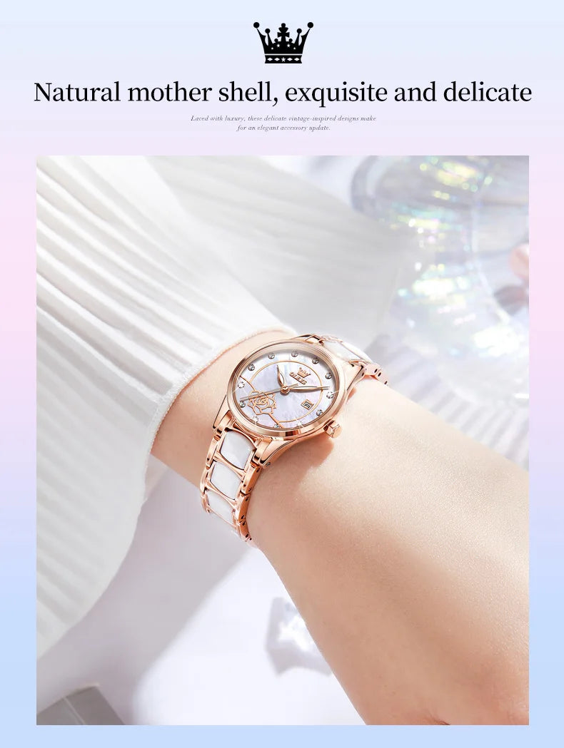 OLEVS Quartz Watch Women Japan Movement Waterproof Stainless Steel Ceramics Women Wristwatch Luxury Ladies watch Set Hot