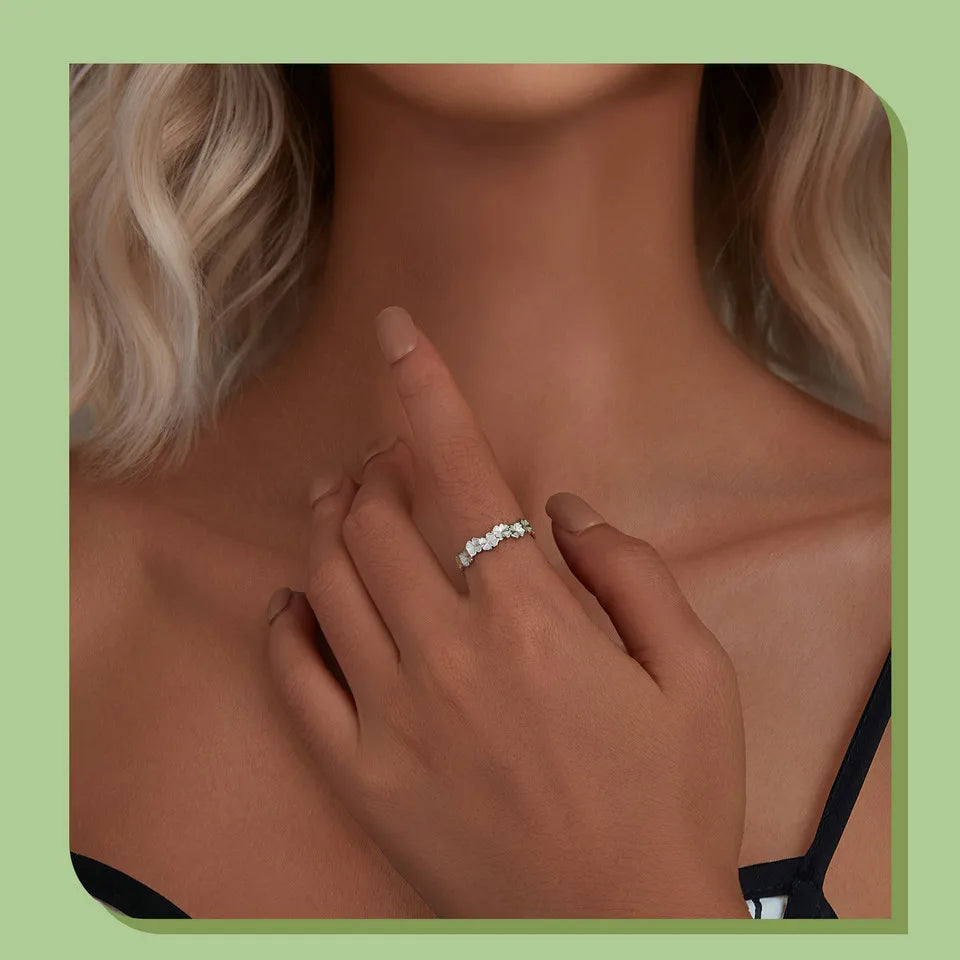 Bamoer 925 Sterling Silver Four-Leaf Clover Ring Mint Green Leaves Vine Ring Fine Jewelry Gift for Women Party