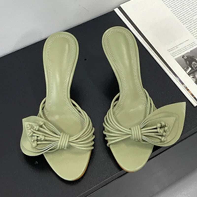 Liyke Designer Women Green Leaf Narrow Band Summer Slipper Sandal Street Fashion Open Toe Mules Thin Low Heels Party Dress Shoes