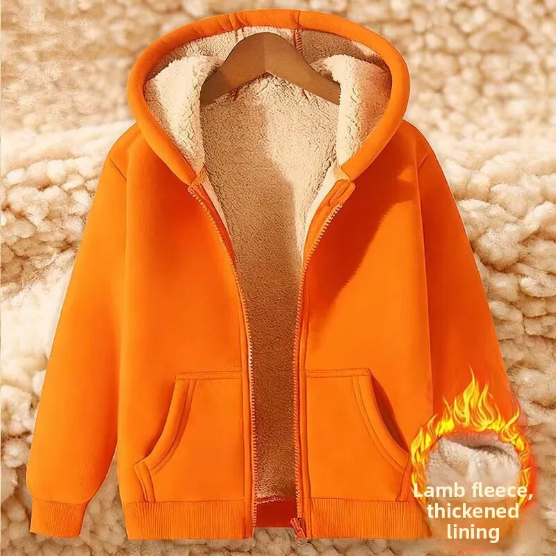 Thickened Lamb Velvet Hooded Cardigan Pure Color Oversize Sweatshirt Men Women Korean Style Winter Warm Casual Outerwear