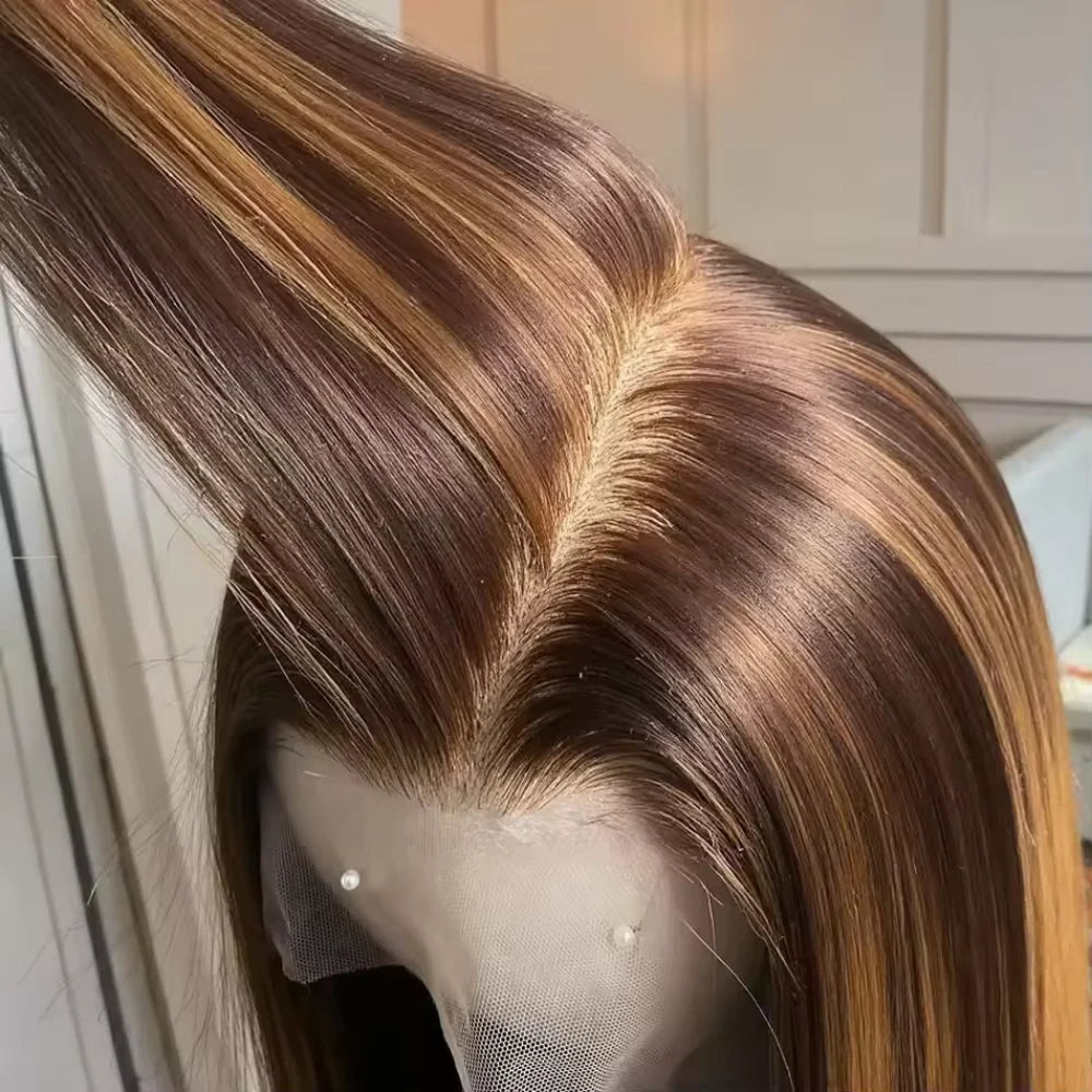 Highlight P4/27 Blended Human Hair Wig - 250% Density Piano Color Straight Hair - Pre-Plucked Hairline And Baby Hair -Ready To Wear Instantly Without Glue - Multiple Sizes Human Hair Wig For Women