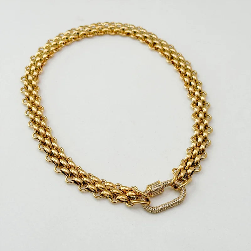 Waterproof 18k Gold Plated Stainless Steel Hypoallergenicity Three Layer Braided Chain Zircon Clasp Necklace YF3811
