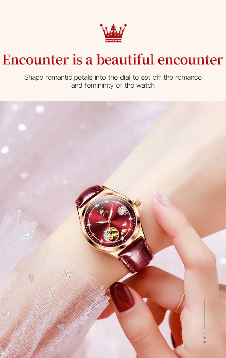 OLEVS Fashion Women Mechanical Watches Bracelets and Necklaces Set Leather Strap Luxury Hollow Ladies WristWatches Reloj Mujer