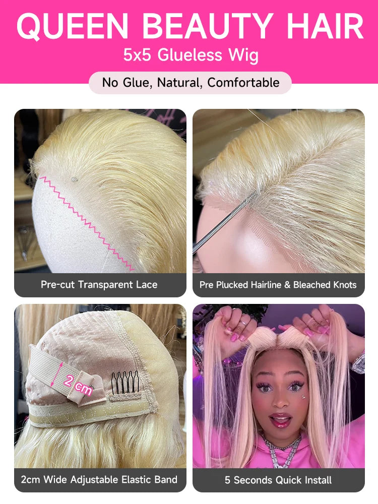 613 Glueless Wigs Human Hair 5x5 Lace Closure Wig Bone Straight Blonde Pre Plucked Glueless Wig Remy Human Hair Wigs Ready To Go