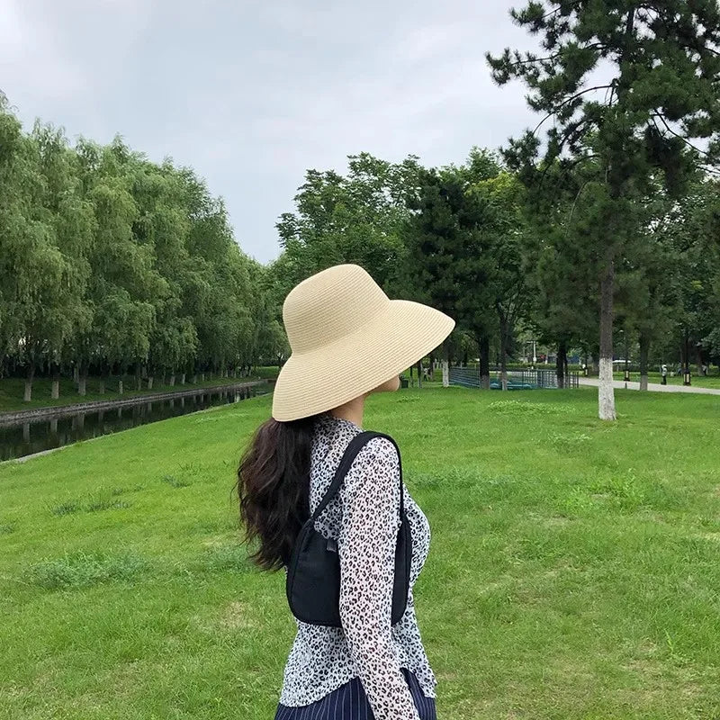 Summer Elegant Dome Straw Hats Women Girl 13cm/8.5cm 2 Sizes Solid Color Beach Sun Hat Foldable Portable Travel Holiday Panama