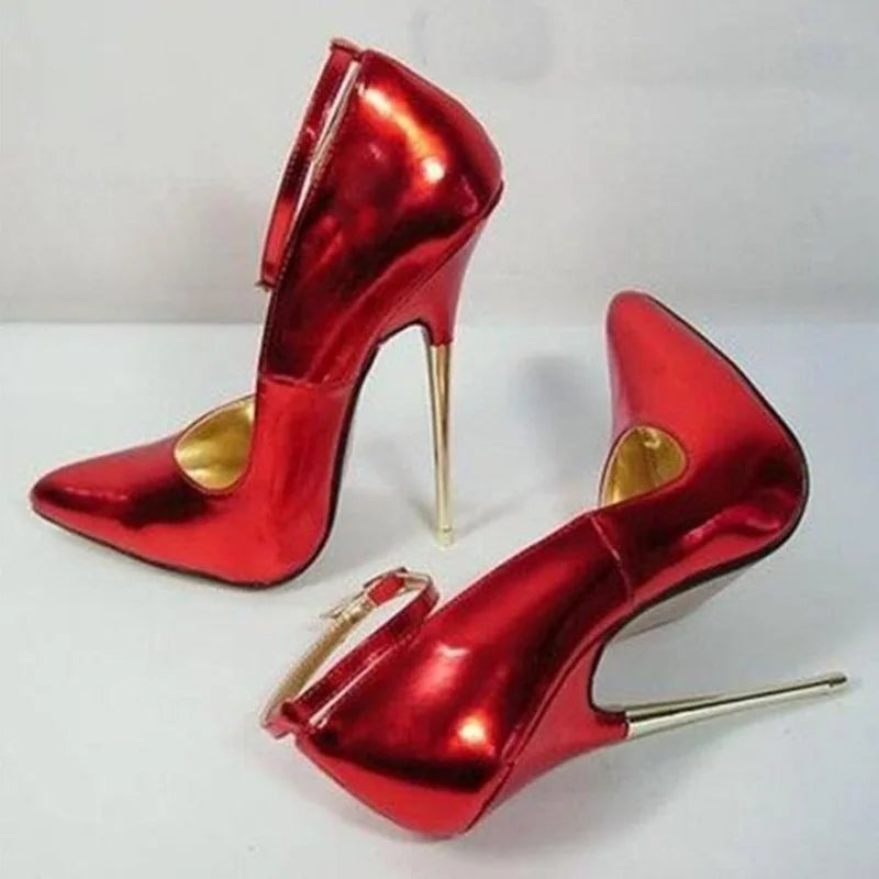 Sky High Metal Heels Red Metallic Leather Pumps Shoes Pointed Toe Ankle Strap Stiletto High Heels Wedding Party Pumps 16CM