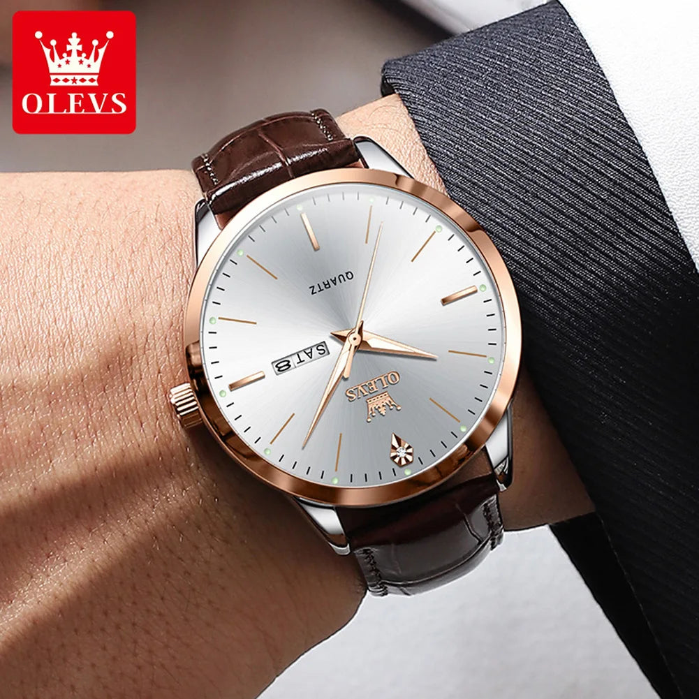 OLEVS 2935 Men Watch Luxury Brand Quartz Watch Business Leather Strap Double Calendar Waterproof Men's Watch Relogios Masculino
