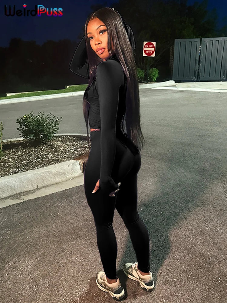 Weird Puss Sporty Casual 2 Piece Set Women Tracksuit Hooded Zip Crop Tops+Leggings Fitness Soft Stretch Streetwear Activity Suit
