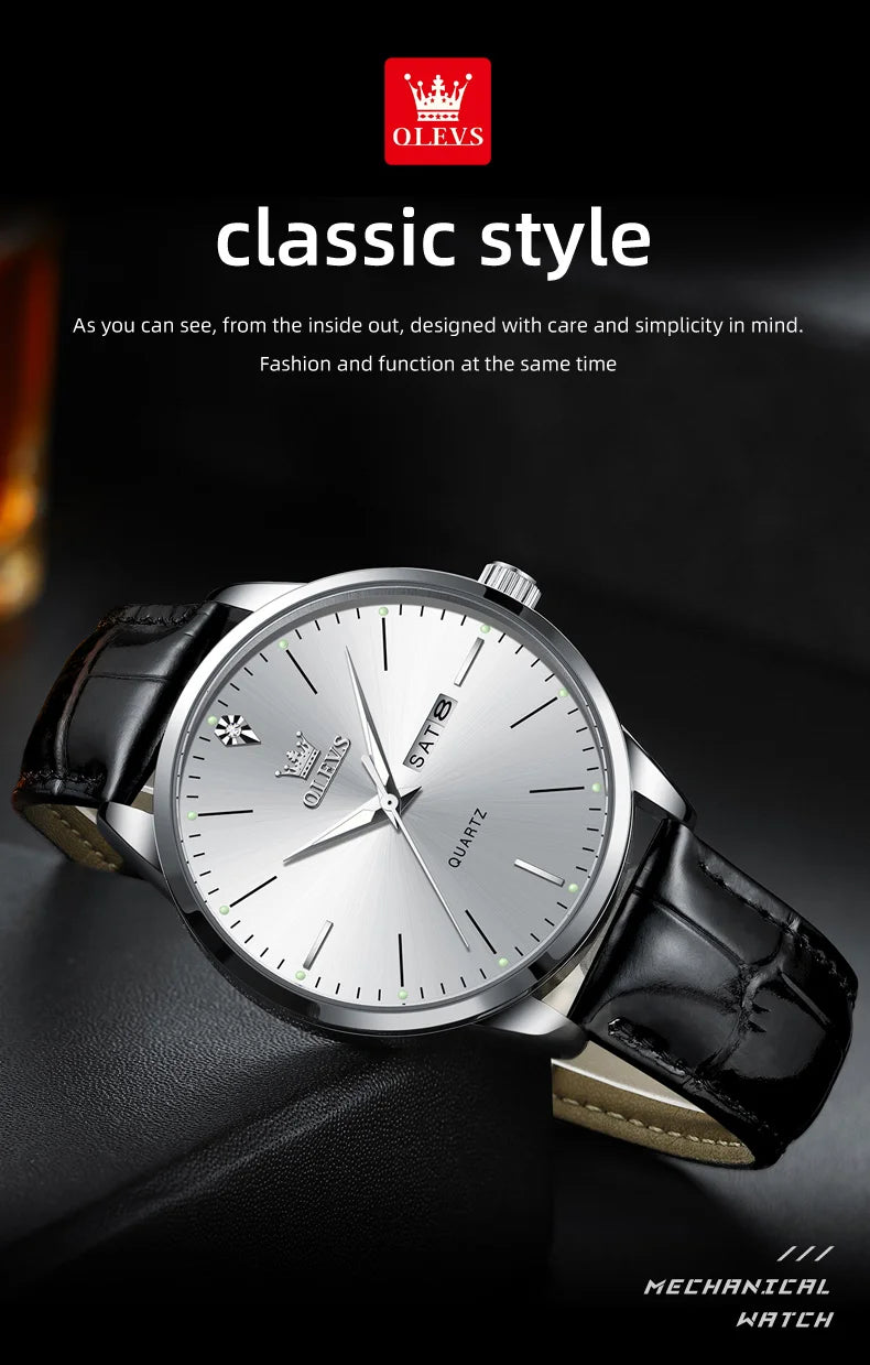 OLEVS 2935 Men Watch Luxury Brand Quartz Watch Business Leather Strap Double Calendar Waterproof Men's Watch Relogios Masculino