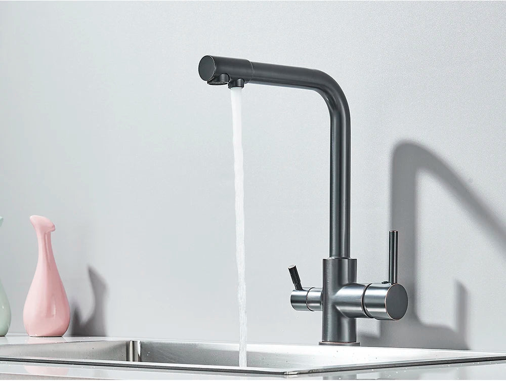 Chrome Purified Water Kitchen Faucet Pure Water Filter Deck Mounted Faucet Crane Dual Handles Hot Cold Water Mixer Taps
