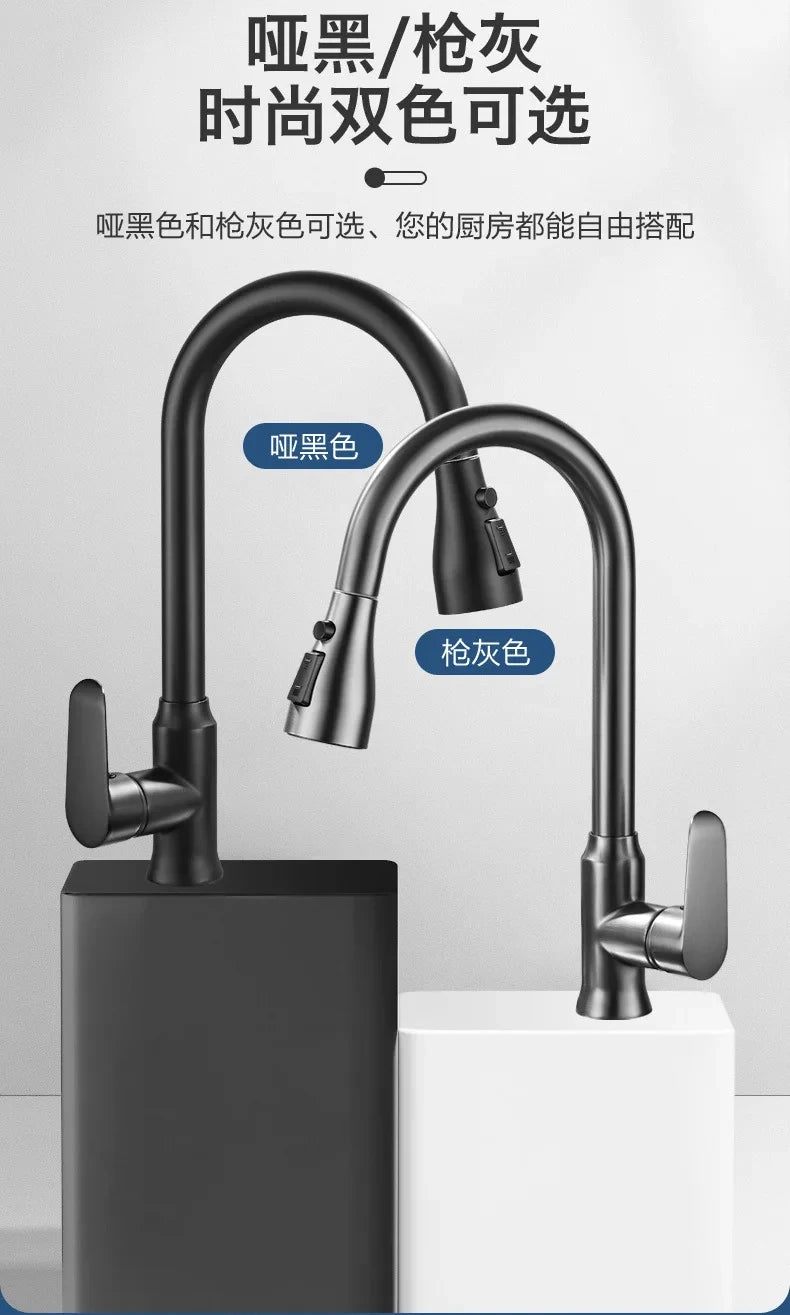 Kitchen Faucet Pull-Out Spray Head 360 Degree Rotation Hot and Cold Water Pull-Out Black and Silver Single Hole Kitchen Faucet