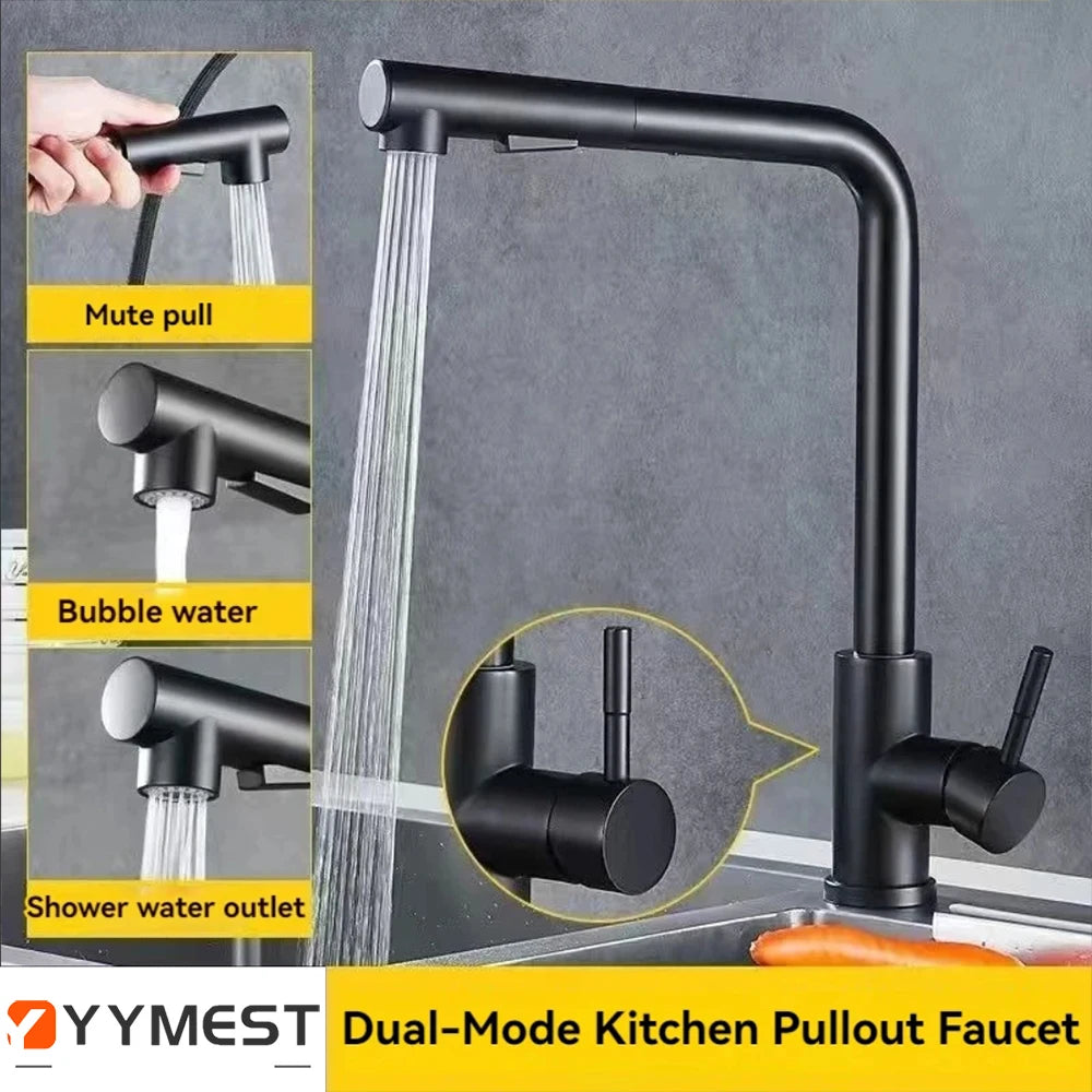 Kitchen pull-out faucet 304 stainless steel hot and cold faucet black sink faucet with two levels of water outlet