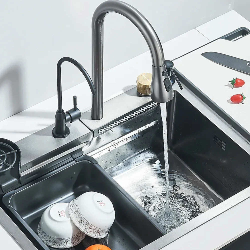 304 Stainless Steel Waterfall Kitchen Sink Large Single Slot Integrated Faucet Set Soap Dispenser/Pure Water/Cup Washer