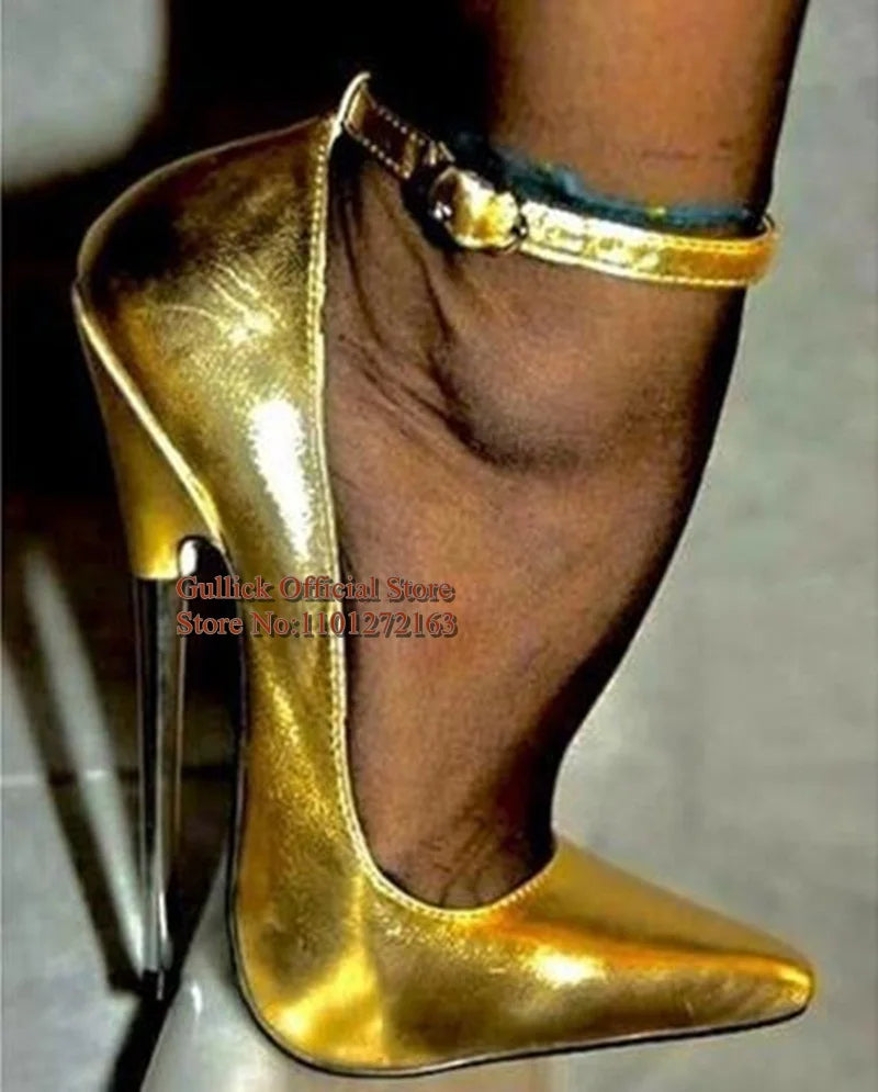 Sky High Metal Heels Red Metallic Leather Pumps Shoes Pointed Toe Ankle Strap Stiletto High Heels Wedding Party Pumps 16CM