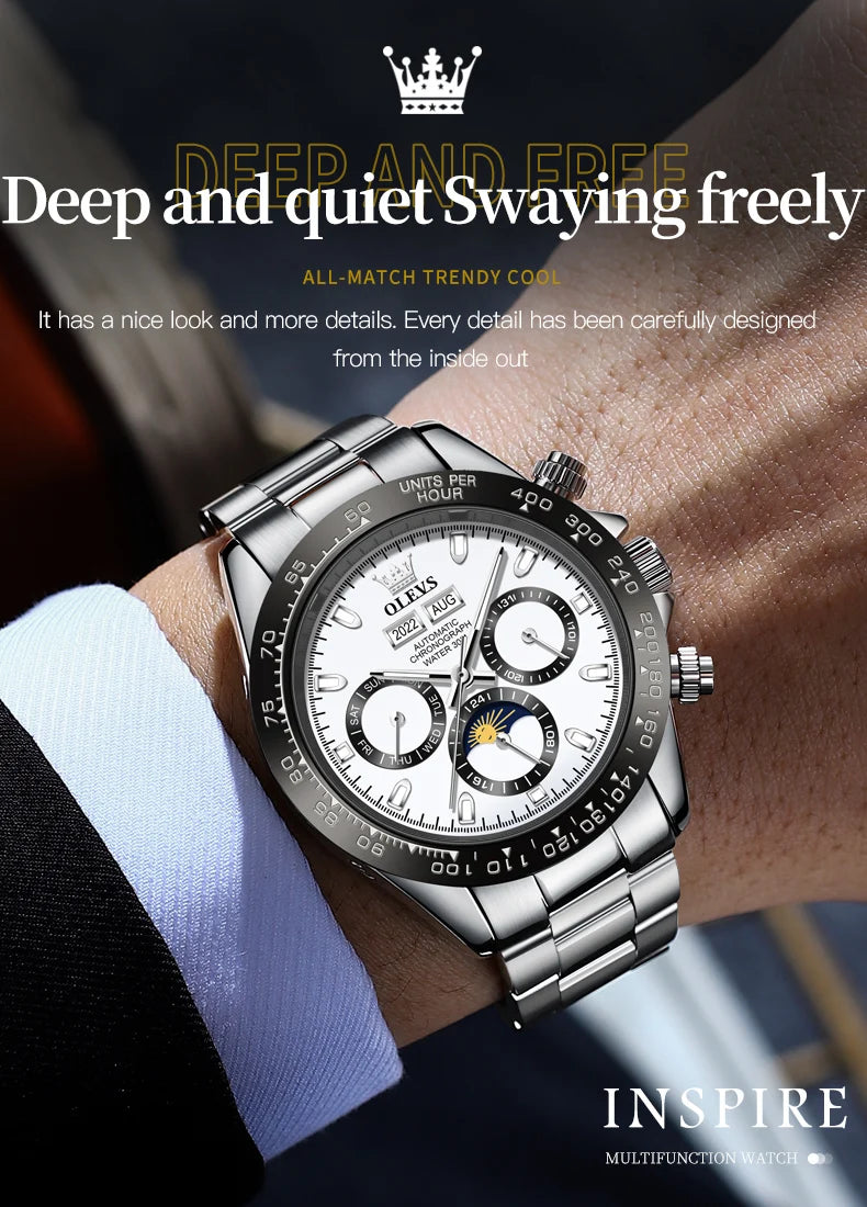 OLEVS 6654 Luxury Brand Original Automatic Man Watch Stainless Steel Waterproof Moon Phase Dual Calendar Mechanical Wristwatches