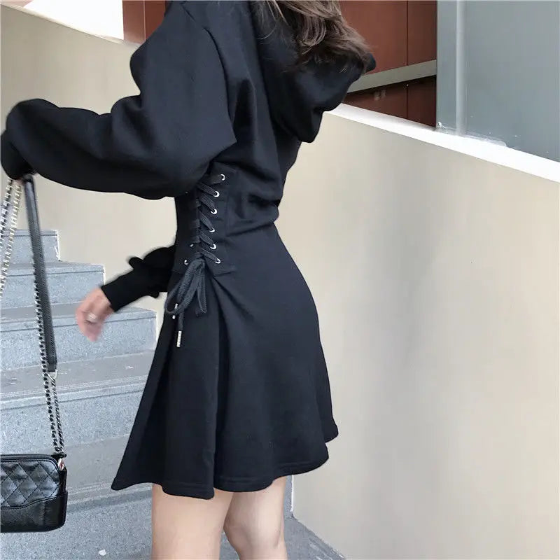 Streetwear Mini Dress Spring Autumn Korean High Waist Lace Up Slim Vestidos Women Harajuku Hooded Bandage A Line Dresses