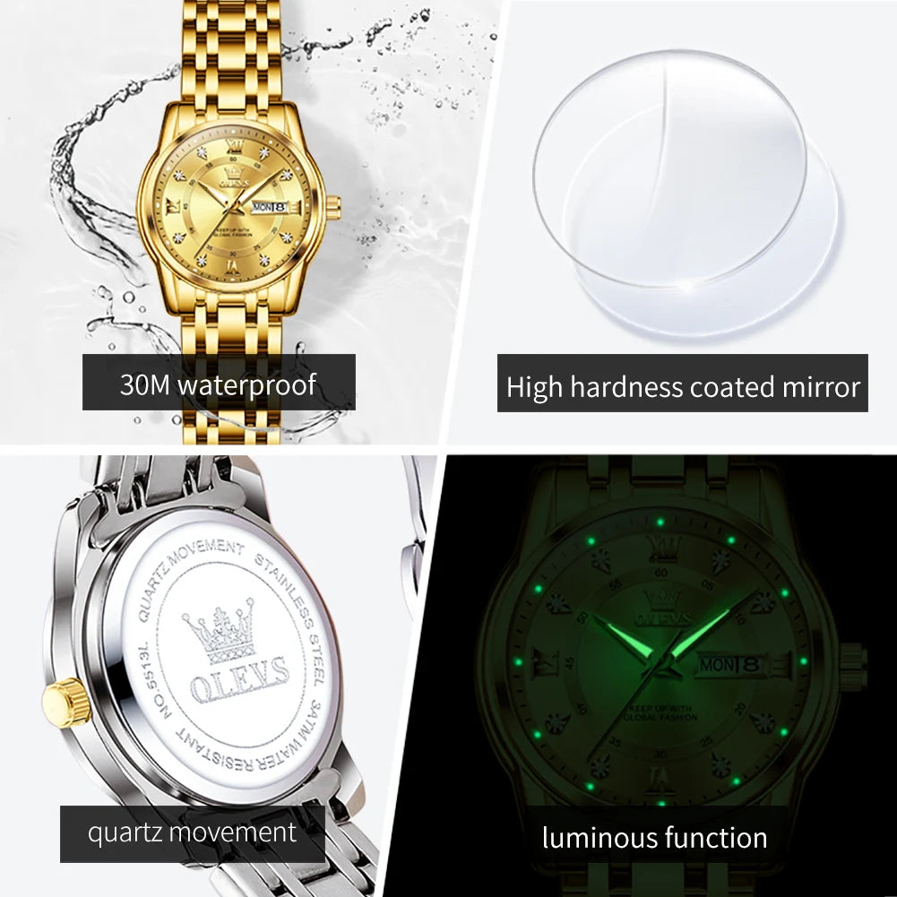 OLEVS 5513 Woman Watch Luxury Diamond Scale Dual Calendar Stainless Steel Strap Waterproof Watches Elegant Ladies Wristwatcheses