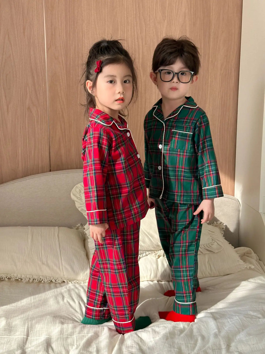 Merry Christmas Kids Pure Cotton Pajamas Set Plaid Print Turn-down Collar Button Shirt Trousers 2 Pieces Suit Homewear Xmas Look
