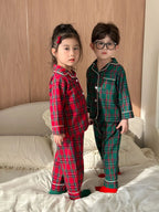 Merry Christmas Kids Pure Cotton Pajamas Set Plaid Print Turn-down Collar Button Shirt Trousers 2 Pieces Suit Homewear Xmas Look