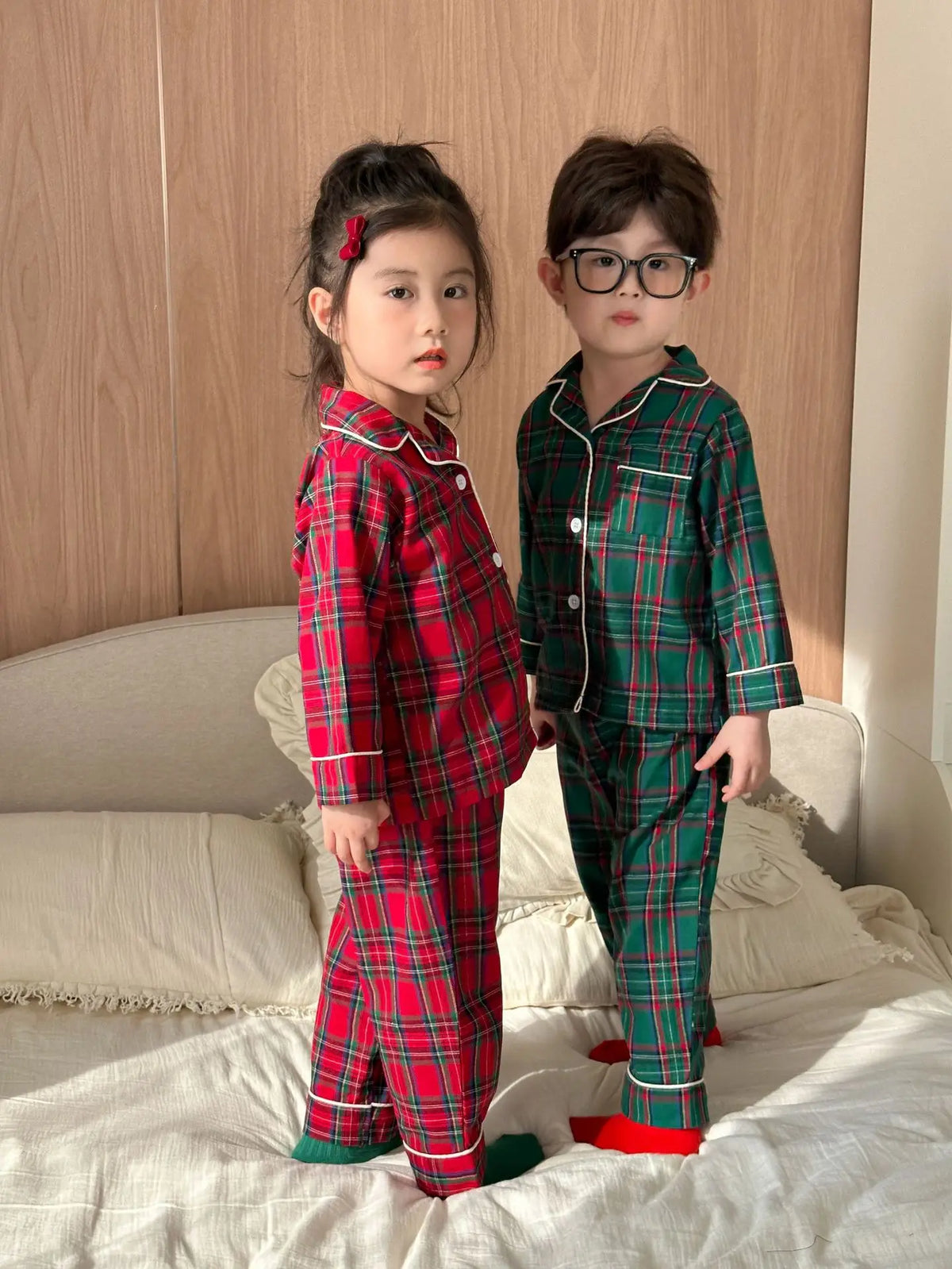 Merry Christmas Kids Pure Cotton Pajamas Set Plaid Print Turn-down Collar Button Shirt Trousers 2 Pieces Suit Homewear Xmas Look