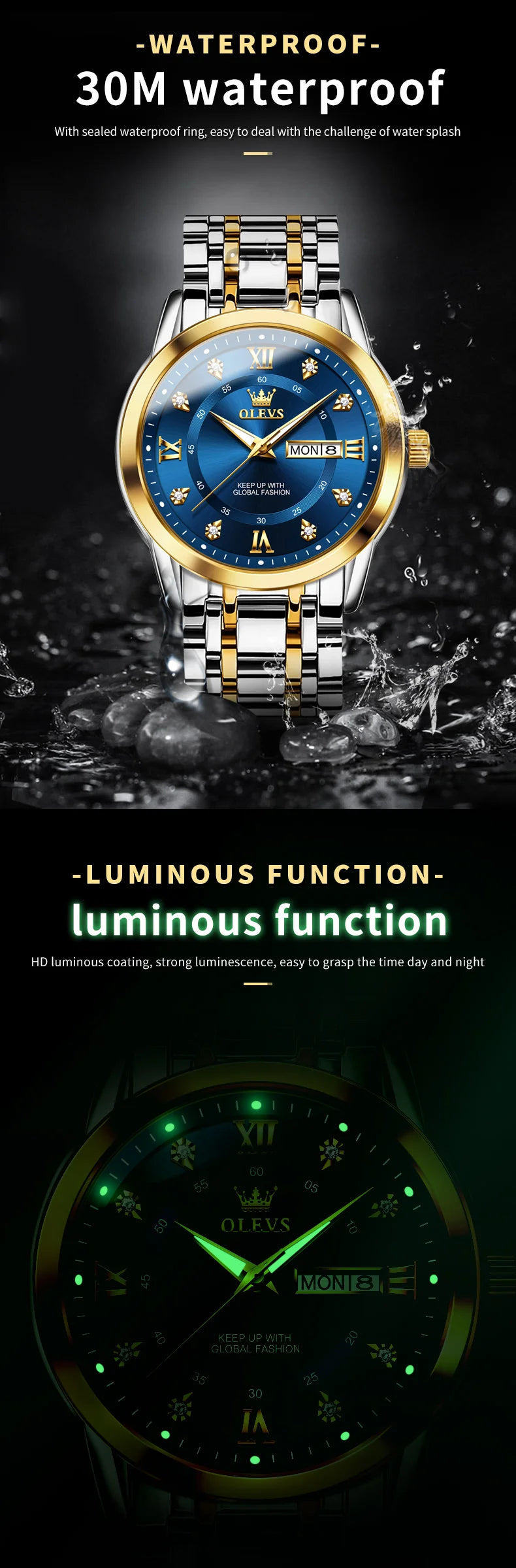 OLEVS 5513 Mens Watch Original Fashion Brand Quartz Waterproof Luminous Watch For Man Stainless Steel Dual Calendar Watch Box
