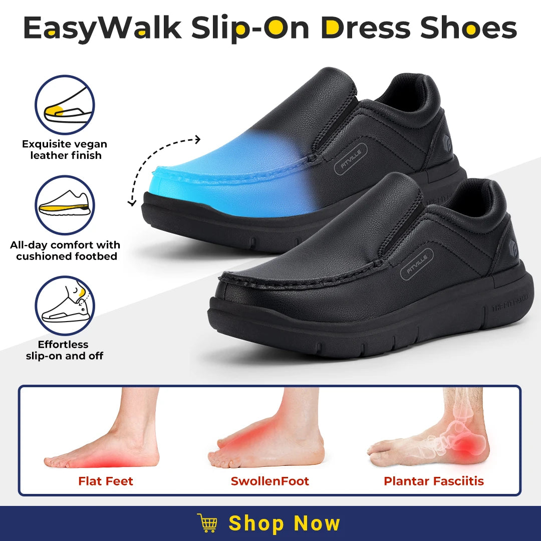 FitVille Men Wide Fit Leather Slip On Casual Loafers, Lightweight Arch Support Walking Shoes, Orthopedic Pain Relief Shoes for Swollen Feet & High Instep