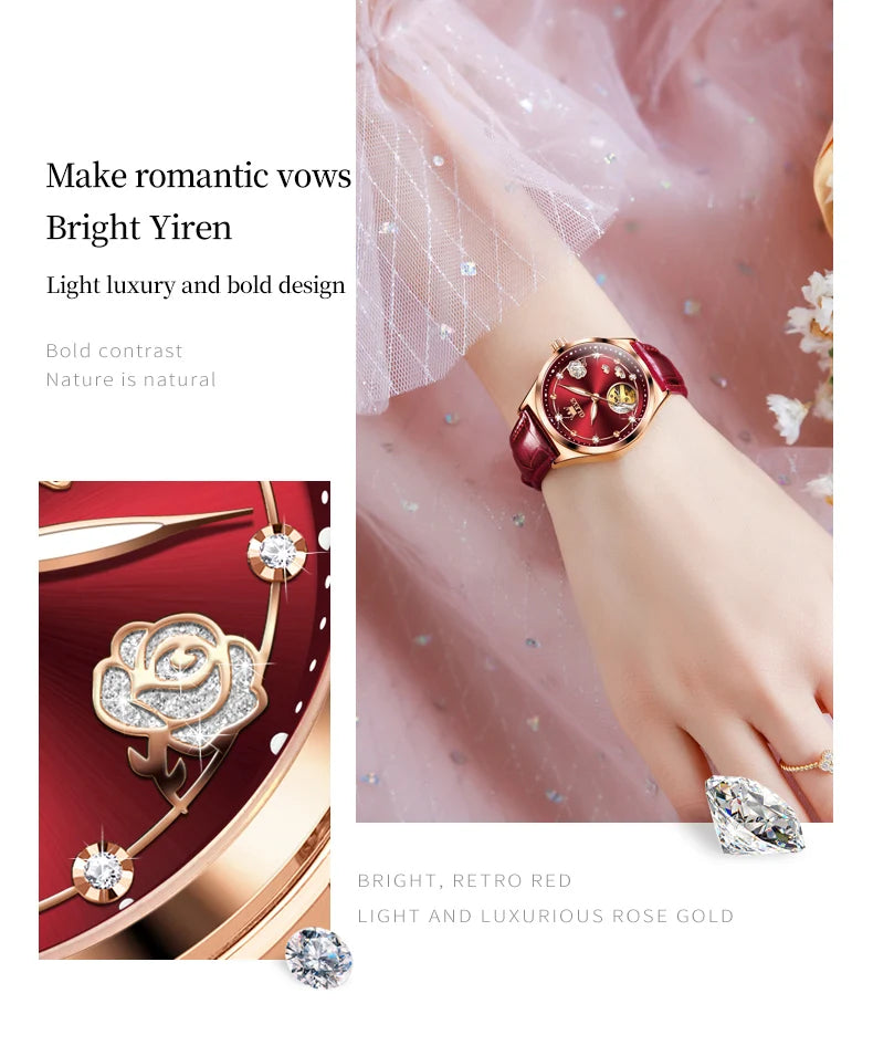 OLEVS Fashion Women Mechanical Watches Bracelets and Necklaces Set Leather Strap Luxury Hollow Ladies WristWatches Reloj Mujer