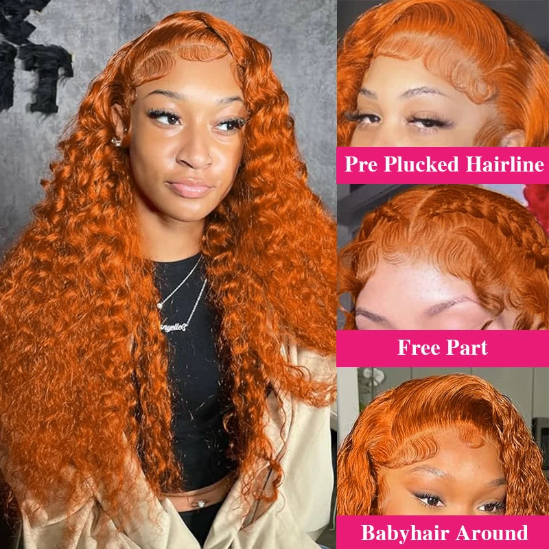 Orange Ginger #350 13X6 Lace Frontal Wigs Water Deep Wave 100% Remy Human Hair 13x4 Lace Front Wig 32inch  Pre Plucke For Women