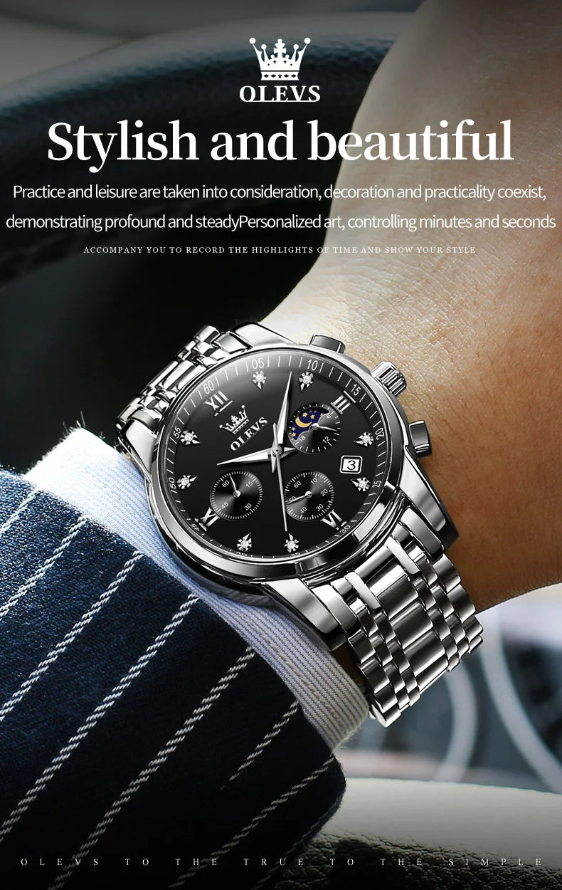 OLEVS 2858 Men's Watches Stainless Steel Waterproof Anti-Scratch Moon Phase Luminous Chronograph Luxury Quartz Men's Wristwatch