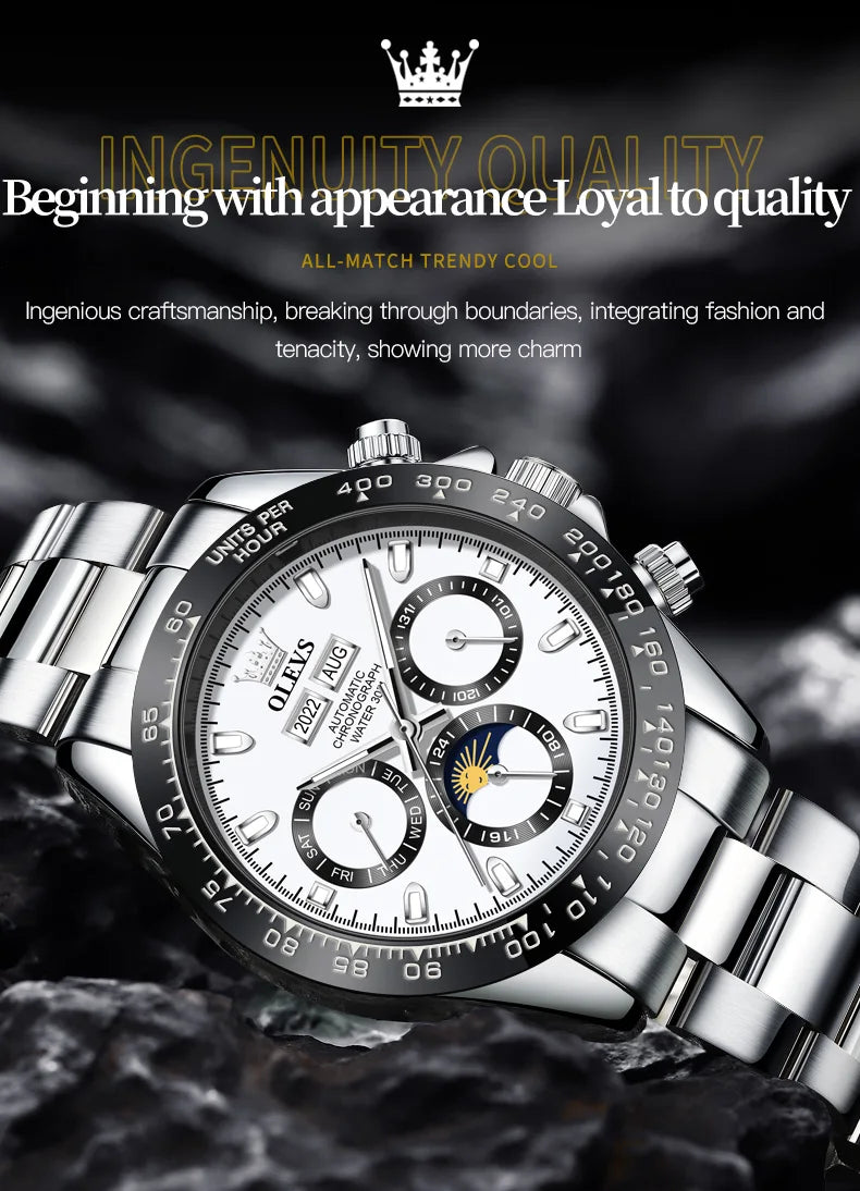 OLEVS 6654 Luxury Brand Original Automatic Man Watch Stainless Steel Waterproof Moon Phase Dual Calendar Mechanical Wristwatches