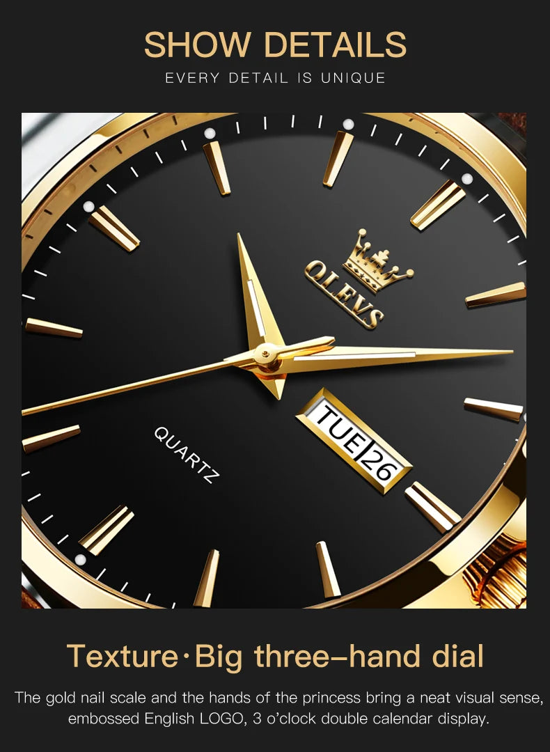 OLEVS 6898 Waterproof Sports Mens Wristwatches Luxury Shock-resistant Calendar Genuine Luminous Quartz Leather Watch for Men